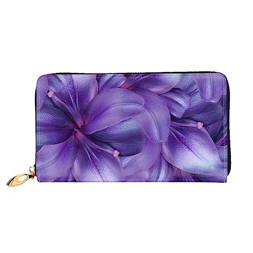 DEHIWI Lila Lilie Blumen Leder Reißverschluss um Brieftasche Frauen Clutch Geldbörse Reise Kartenhalter Tasche Geschenk, Schwarz , Einheitsgröße von DEHIWI