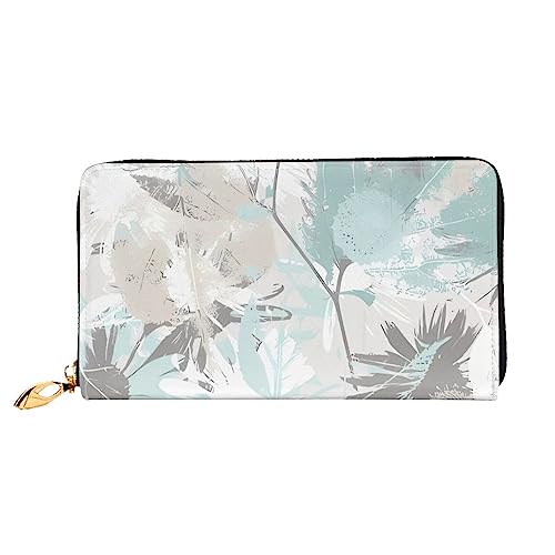 DEHIWI Mintgraue Blätter Leder Reißverschluss um Brieftasche Frauen Clutch Geldbörse Reise Kartenhalter Tasche Geschenk, Schwarz , Einheitsgröße von DEHIWI