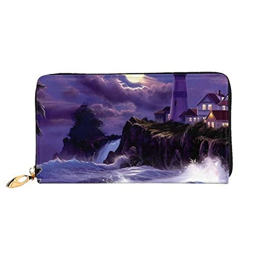 DEHIWI Moonlight Lighthouse Damen-Geldbörse, Leder, lang, mit Reißverschluss, Clutch, Reise-Geldbörse, Kreditkartenetui, Schwarz , Einheitsgröße von DEHIWI