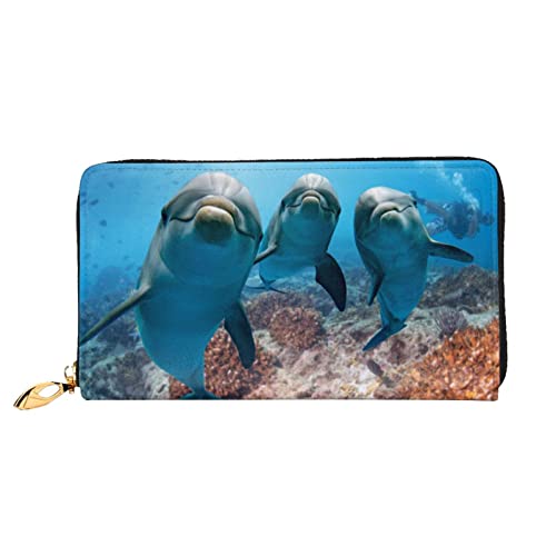 DEHIWI Ozean-Tier-Geldbörse aus Leder mit Reißverschluss für Damen, Clutch, Reisekartenhalter, Geschenk, Schwarz , Einheitsgröße von DEHIWI