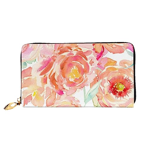 DEHIWI Pfirsich-Pfingstrosen-Leder-Geldbörse mit Reißverschluss für Damen, Clutch-Geldbörse, Reisekartenhalter, Tasche, Geschenk, Schwarz , Einheitsgröße von DEHIWI