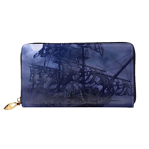 DEHIWI Piraten Segelboot Vollmond Leder Reißverschluss Rund Geldbörse Frauen Clutch Geldbörse Reise Kartenhalter Tasche Geschenk, Schwarz , Einheitsgröße von DEHIWI