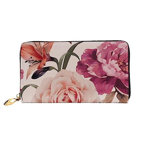 DEHIWI Rosa Blume und Rose Leder Reißverschluss um Brieftasche Frauen Clutch Geldbörse Reise Kartenhalter Tasche Geschenk, Schwarz , Einheitsgröße von DEHIWI