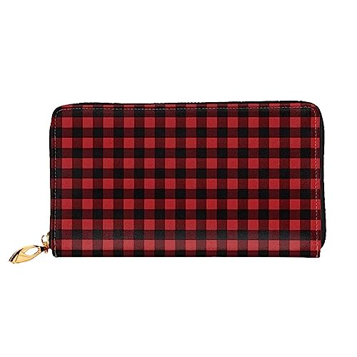 DEHIWI Rot Schwarz Büffel Karo Plaid Muster Leder Reißverschluss Rund Brieftasche Frauen Clutch Geldbörse Reise Karte Halter Tasche Geschenk, Schwarz , Einheitsgröße von DEHIWI