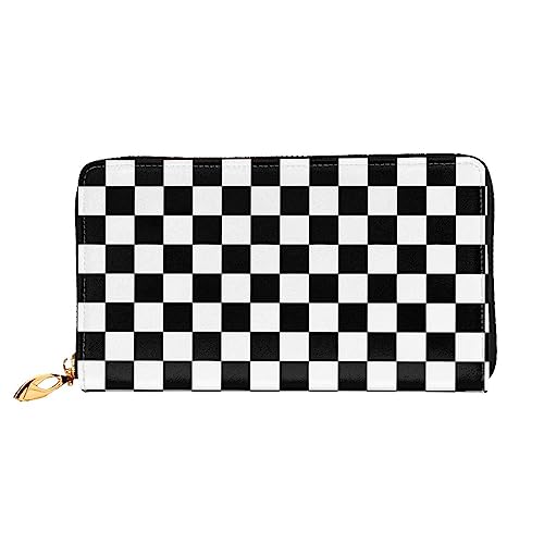 DEHIWI Schwarz und Weiß Kariert Leder Reißverschluss Um Brieftasche Frauen Clutch Geldbörse Reise Karte Halter Tasche Geschenk, Schwarz , Einheitsgröße von DEHIWI