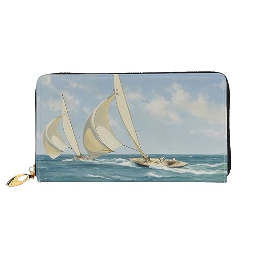 DEHIWI Segelboot Schiff Landschaft Leder Reißverschluss Rund Brieftasche Frauen Clutch Geldbörse Reise Karte Halter Tasche Geschenk, Schwarz , Einheitsgröße von DEHIWI