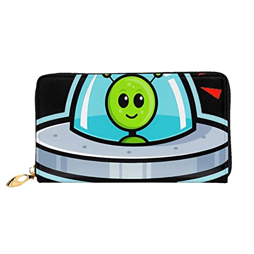 DEHIWI Spaceship Alien Damen-Geldbörse, Leder, lang, mit Reißverschluss, Clutch, Reise-Geldbörse, Kreditkartenetui, Schwarz , Einheitsgröße von DEHIWI