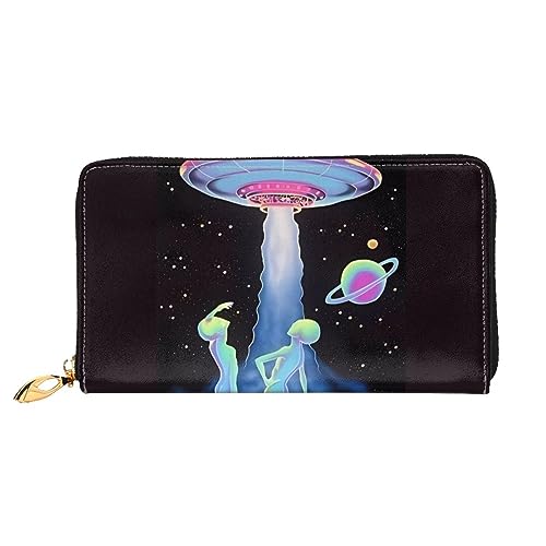 DEHIWI Spaceship Leder Reißverschluss um Brieftasche Frauen Clutch Geldbörse Reise Kartenhalter Tasche Geschenk, Schwarz , Einheitsgröße von DEHIWI