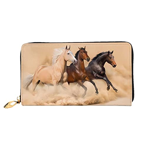 DEHIWI Three Running Horses Damen-Geldbörse, Leder, lang, mit Reißverschluss, Clutch, Reise-Geldbörse, Kreditkartenetui, Schwarz , Einheitsgröße von DEHIWI