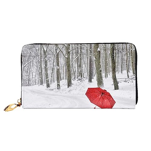 DEHIWI Wald Schnee und roter Regenschirm Leder Reißverschluss um Brieftasche Frauen Clutch Geldbörse Reise Kartenhalter Tasche Geschenk, Schwarz , Einheitsgröße von DEHIWI