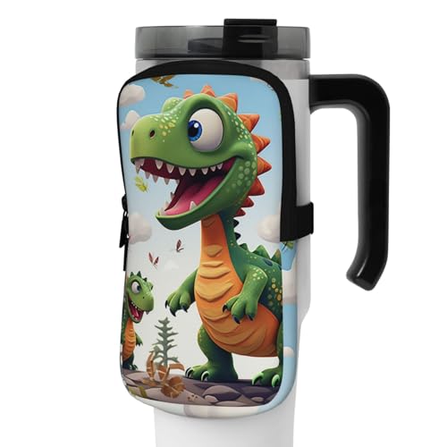 DEHIWI Wasserflaschen-Tasche, Cartoon-Dinosaurier-Motiv, wasserdicht, mit Reißverschlussfach, für Fitnessstudio, Wasserflasche, Zubehör für Männer und Frauen, Schwarz , S von DEHIWI