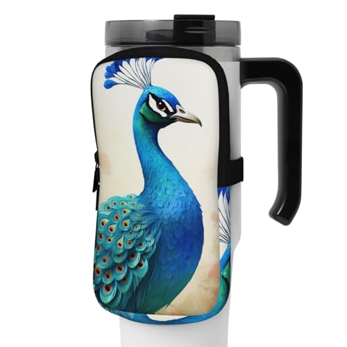 DEHIWI Wasserflaschen-Tasche, Cartoon-blauer Pfau, wasserdicht, Trinkbecher mit Reißverschlussfach, für Fitnessstudio, Wasserflasche, Zubehör für Männer und Frauen, Schwarz , S von DEHIWI