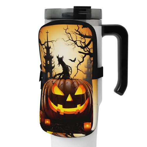 DEHIWI Wasserflaschen-Tasche, Halloween-Kürbis, wasserdicht, Trinkbecher mit Reißverschlussfach, für Fitnessstudio, Wasserflasche, Zubehör für Männer und Frauen, Schwarz , M von DEHIWI