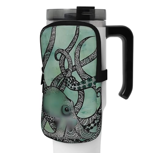 DEHIWI Wasserflaschen-Tasche, grüner Oktopus, wasserdicht, Trinkbecher mit Reißverschlussfach, für Fitnessstudio, Wasserflasche, Zubehör für Männer und Frauen, Schwarz , M von DEHIWI