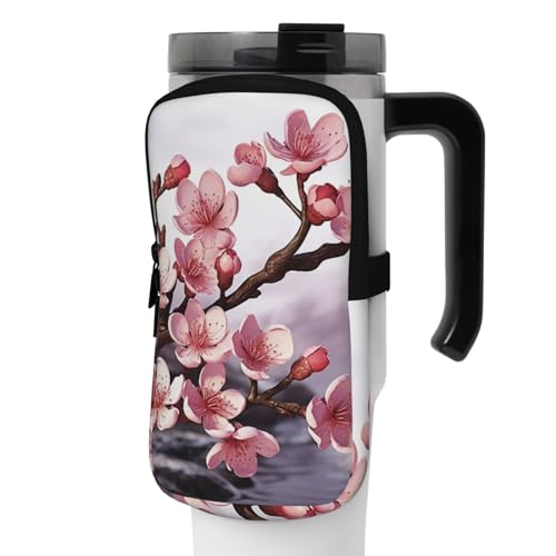 DEHIWI Wasserflaschen-Tasche mit Kirschblüte, wasserdicht, mit Reißverschlussfach, für Fitnessstudio, Wasserflasche, Zubehör für Männer und Frauen, Schwarz , S von DEHIWI