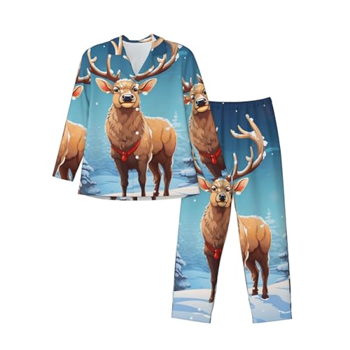 DEHIWI Weihnachtsbaum Elch Männer Pyjamas Set Weiche Taste Lange Ärmel Sleepwear Damen Lounge Set Mit Taschen, Schwarz , X-Large-3X-Large von DEHIWI