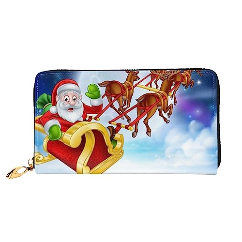 DEHIWI Weihnachtsmann Rentier Schlitten Leder Reißverschluss Rund Geldbörse Frauen Clutch Geldbörse Reise Kartenhalter Tasche Geschenk, Schwarz , Einheitsgröße von DEHIWI