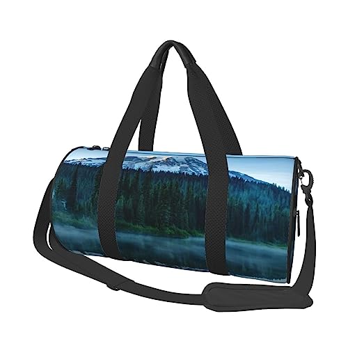 Foggy Lake by Mount Rainier Turnbeutel mit Schuhfach, wasserdichte Sporttasche, tragbare Reisetaschen, Wochenendtasche für Männer und Frauen, Schwarz , Einheitsgröße von DEHIWI