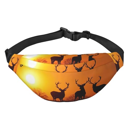 Nature Sunset Deer Bauchtaschen für Damen und Herren, leicht, verstellbar, Umhängetasche, Reise-Gürteltasche für Workout, Laufen, Schwarz , Einheitsgröße von DEHIWI