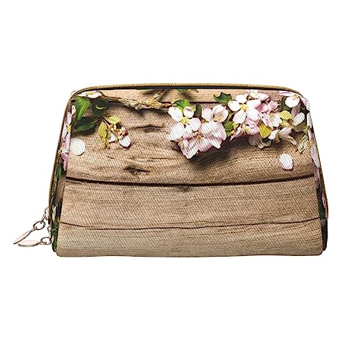 Rustikale Make-up-Tasche aus Holz mit Blumenmotiv, große Kapazität, Reise-Kosmetiktasche, PU-Leder, Make-up-Tasche für Frauen, weiß, Einheitsgröße von DEHIWI