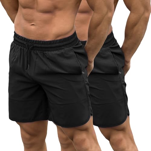 2 Pack Sport Shorts Herren mit Reißverschlusstasche Schnelltrockende Sommer Leicht Trainingshose Kurz Jogginghose Badehose (BKBK M) von DEHORU