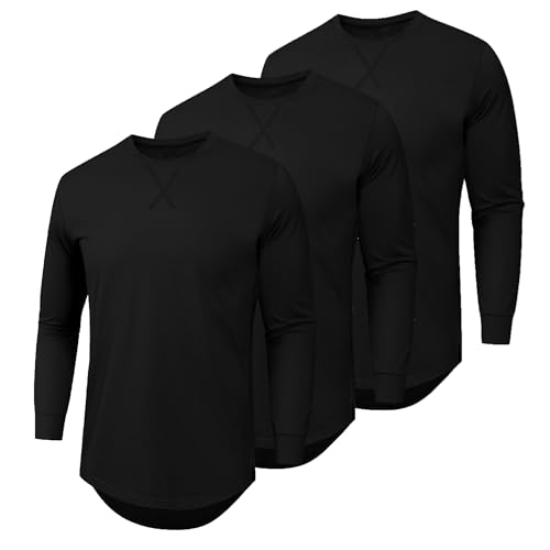 3 Pack Langarmshirt Herren Langem Saum Shirt Rundhals Langarm T-Shirt Funktionsshirt Long Sleeve Tees (BKBKBK M) von DEHORU