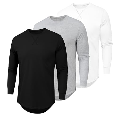 3 Pack Langarmshirt Herren Langem Saum Shirt Rundhals Langarm T-Shirt Funktionsshirt Long Sleeve Tees (BKLGWT 2XL) von DEHORU
