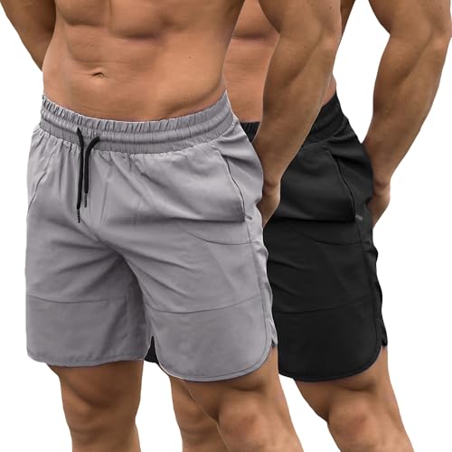 2 Pack Sport Shorts Herren mit Reißverschlusstasche Schnelltrockende Sommer Leicht Trainingshose Kurz Jogginghose Badehose (LGBK M) von DEHORU