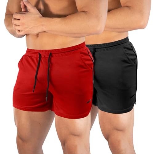 DEHORU 2er Pack Sporthose Herren Kurz Sport Shorts mit Taschen Schnell Trocknend leichtgewichtiges Mesh Trainingshose Jogginghose Laufhose (RDBK,M) von DEHORU