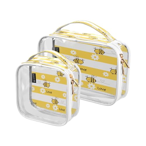 DEHOZO 2 Stück transparente Kulturbeutel, Love Bees Flower Stripe Reise-Make-up-Tasche mit Griff, TSA-zugelassener Kosmetiktaschen-Organizer für Damen und Herren, Handgepäcktasche für Reiseutensilien, von DEHOZO