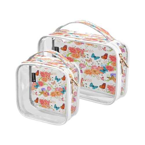 DEHOZO 2 Stück transparente Kulturbeutel, Schmetterlings-Blumen-Mohnblumen-Aquarell-Reise-Make-up-Tasche mit Griff, TSA-zugelassener Kosmetiktaschen-Organizer für Damen und Herren, Handgepäcktasche von DEHOZO