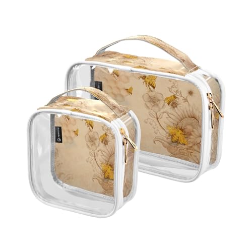 DEHOZO 2 Stück transparente Kulturbeutel, Sommerbienen Sonnenblumen-Reise-Make-up-Tasche mit Griff, TSA-zugelassener Kosmetiktaschen-Organizer für Damen und Herren, Handgepäcktasche für von DEHOZO