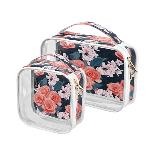 DEHOZO 2 Stück transparente Kulturbeutel, Vintage Rose Blume Blätter Reise Make-up Tasche mit Griff, TSA-zugelassene Kosmetiktasche Organizer für Frauen Männer, Handgepäck Tasche für Reise Essentials von DEHOZO