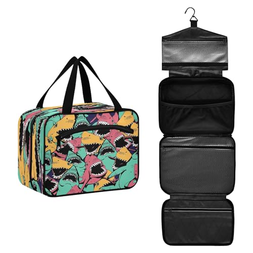 DEHOZO Bunte Meereshai-Reise-Kulturtasche, hängende Make-up-Tasche, Organizer für Damen und Herren, tragbare Kosmetiktasche, Waschbeutel für Reiseutensilien, Kosmetika, Pinsel, Shampoo, M, von DEHOZO