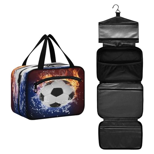 DEHOZO Fire Water Soccer Sport Travel Toiletry Bag, Hanging Makeup Bag Organizer for Women Men, Portable Cosmetic Bag Wash Bags for Travel Essentials Toiletries Cosmetics Brushes Shampoo, M, von DEHOZO