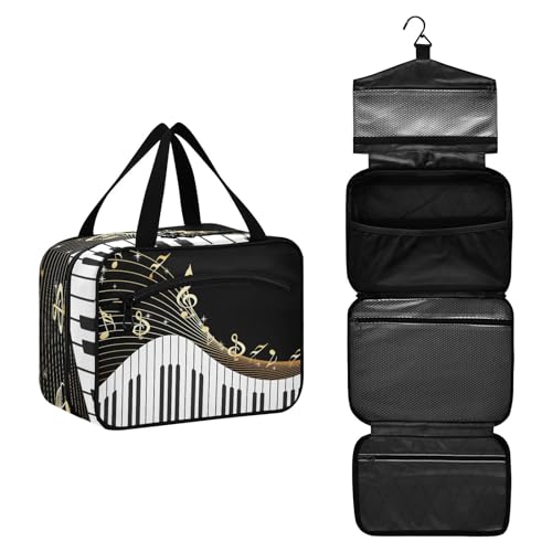 DEHOZO Gold Musiknoten Klavier Reise-Kulturbeutel, hängende Make-up-Tasche Organizer für Damen und Herren, tragbare Kosmetiktasche, Waschbeutel für Reiseutensilien, Toilettenartikel, Kosmetikpinsel, von DEHOZO