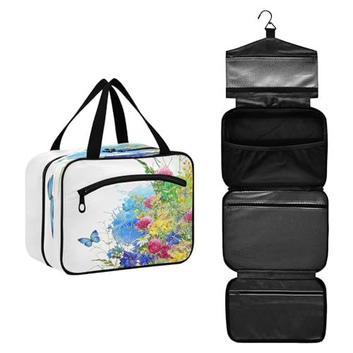 DEHOZO Kulturbeutel mit Aquarell-Schmetterlingen, Blumen, Kräuter, zum Aufhängen, Make-up-Tasche, Organizer für Damen und Herren, tragbare Kosmetiktasche, Waschbeutel für Reiseutensilien, von DEHOZO