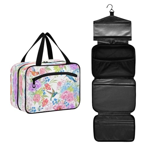 DEHOZO Kulturbeutel mit Kolibris und Blumen, Blättern, zum Aufhängen, Make-up-Tasche, Organizer für Damen und Herren, tragbare Kosmetiktasche, Waschbeutel für Reiseutensilien, Kosmetikartikel, Pinsel, von DEHOZO