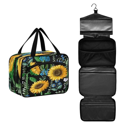 DEHOZO Kulturbeutel mit Sonnenblumen-Motiv, zum Aufhängen, Make-up-Tasche, Organizer für Damen und Herren, tragbare Kosmetiktasche, Waschbeutel für Reiseutensilien, Kosmetikartikel, Pinsel, Shampoo, von DEHOZO