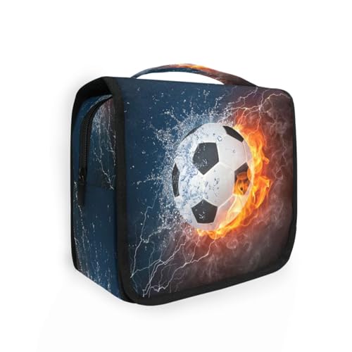 DEHOZO Kulturbeutel zum Aufhängen, Fußball im Feuer, Wasser, Aquarellblätter, Palmen, Baum, tragbare Make-up-Tasche, Reise-Organizer für Damen und Herren, faltbare Kosmetiktasche, Reisetaschen für von DEHOZO