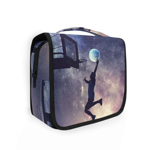 DEHOZO Kulturbeutel zum Aufhängen, Galaxie-Sport, Basketballspieler, Aquarellblätter, Palmen, Baum, tragbare Make-up-Tasche, Reise-Organizer für Damen und Herren, faltbare Kosmetiktasche, Reisetaschen von DEHOZO