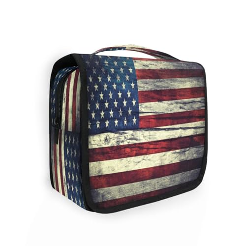 DEHOZO Kulturbeutel zum Aufhängen, Retro-amerikanische Flagge, Aquarellblätter, Palmen, Baum, tragbare Make-up-Tasche, Reise-Organizer für Damen und Herren, faltbare Kosmetiktasche, Reisetaschen für von DEHOZO