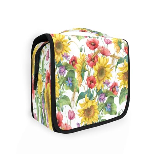 DEHOZO Kulturbeutel zum Aufhängen, Sonnenblume, Mohnblume, Aquarellblätter, Palmen, Baum, tragbare Make-up-Tasche, Reise-Organizer für Damen und Herren, faltbare Kosmetiktasche, Reisetaschen für von DEHOZO