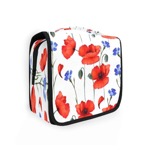 DEHOZO Kulturbeutel zum Aufhängen, rote Mohnblumen, violette Blumen, Aquarellblätter, Palmen, Baum, tragbare Make-up-Tasche, Reise-Organizer für Damen und Herren, faltbare Kosmetiktasche, Reisetaschen von DEHOZO