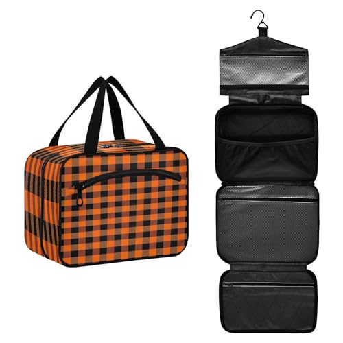 DEHOZO Orange Buffalo Plaid Reise-Kulturbeutel, hängende Make-up-Tasche, Organizer für Damen und Herren, tragbare Kosmetiktasche, Waschbeutel für Reiseutensilien, Kosmetikartikel, Pinsel, Shampoo, M, von DEHOZO