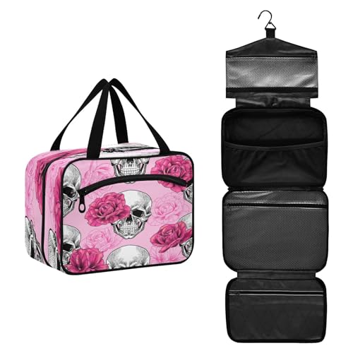 DEHOZO Pink Flower Halloween Skull Travel Toiletry Bag, Hanging Makeup Bag Organizer for Women Men, Portable Cosmetic Bag Wash Bags for Travel Essentials Toiletries Cosmetics Brushes Shampoo, M, von DEHOZO