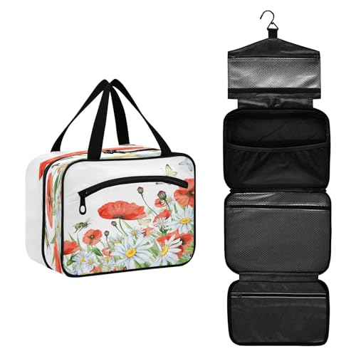 DEHOZO Poppy Daisy Bee Butterfly Art Travel Toiletry Bag, Hanging Makeup Bag Organizer for Women Men, Portable Cosmetic Bag Wash Bags for Travel Essentials Toiletries Cosmetics Brushes Shampoo, M, von DEHOZO