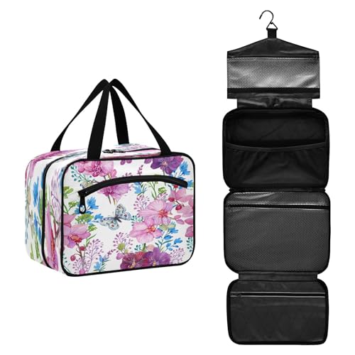 DEHOZO Reise-Kulturbeutel, Motiv: Schmetterling, Frühling, Blumen, Blätter, hängende Make-up-Tasche, Organizer für Damen und Herren, tragbare Kosmetiktasche, Waschbeutel für Reiseutensilien, von DEHOZO