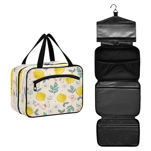 DEHOZO Reise-Kulturbeutel, Zitronen, Blumen, Schmetterling, Gänseblümchen, hängende Make-up-Tasche, Organizer für Damen und Herren, tragbare Kosmetiktasche, Waschbeutel für Reiseutensilien, Kosmetika, von DEHOZO