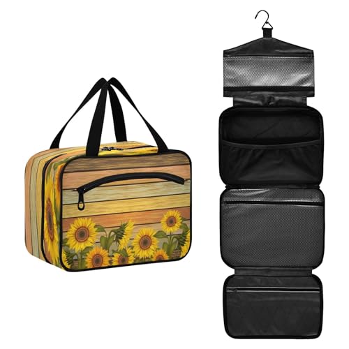 DEHOZO Reise-Kulturbeutel aus Holz, Sonnenblumen, hängende Make-up-Tasche, Organizer für Damen und Herren, tragbare Kosmetiktasche, Waschbeutel für Reiseutensilien, Kosmetikartikel, Pinsel, Shampoo, von DEHOZO